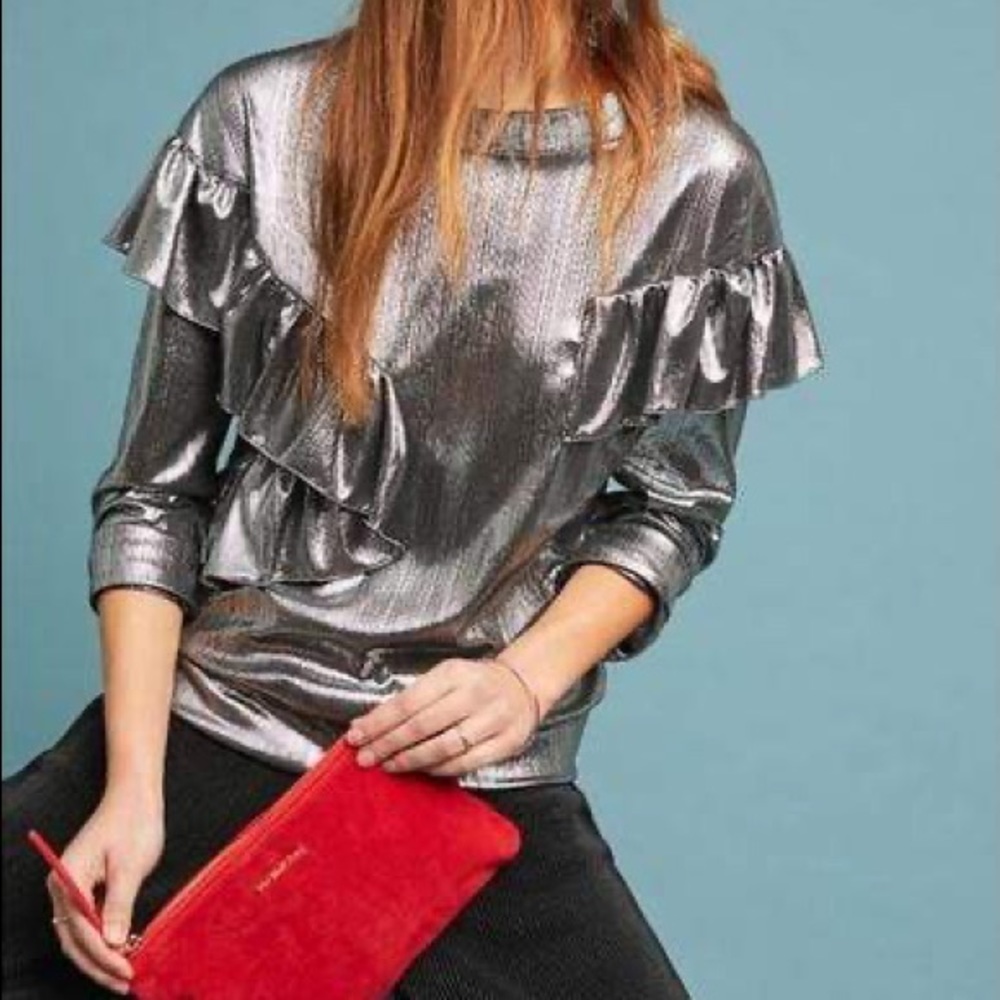 Anthropologie Eva Franco Metallic Ruffle Top in Liquor Silver Medium